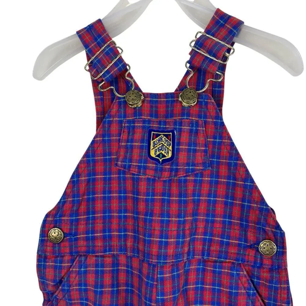 Oshkosh B'Gosh Babys 24 Months Vintage 90s Plaid Overalls Paper Tag Made in USA